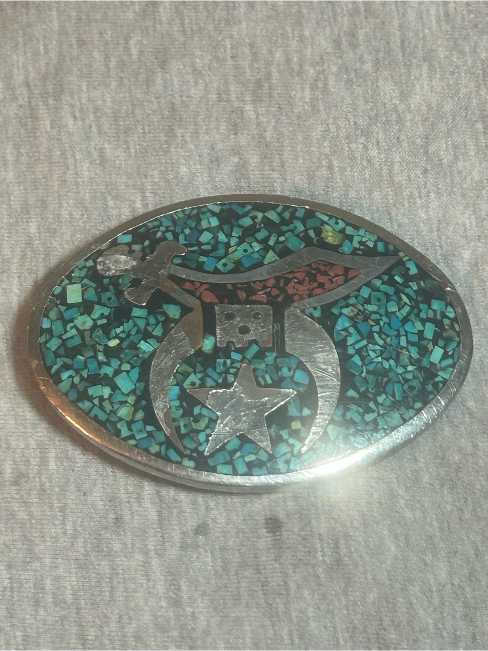 Shriners 1980 Turquoise Inlay Oval Belt Buckle